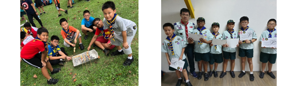 A montage of two pictures showing a group of primary school boy scouts surrounding a barbeque tray on a grass patch in one picture and wearing formal gear while posing as a group holding their certificates of achievement in the other picture